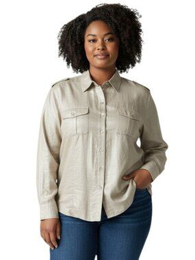 TanJay Womens Plus 20W Button Up Shirt Beige Shimmer Wet Look Pockets Epaulettes